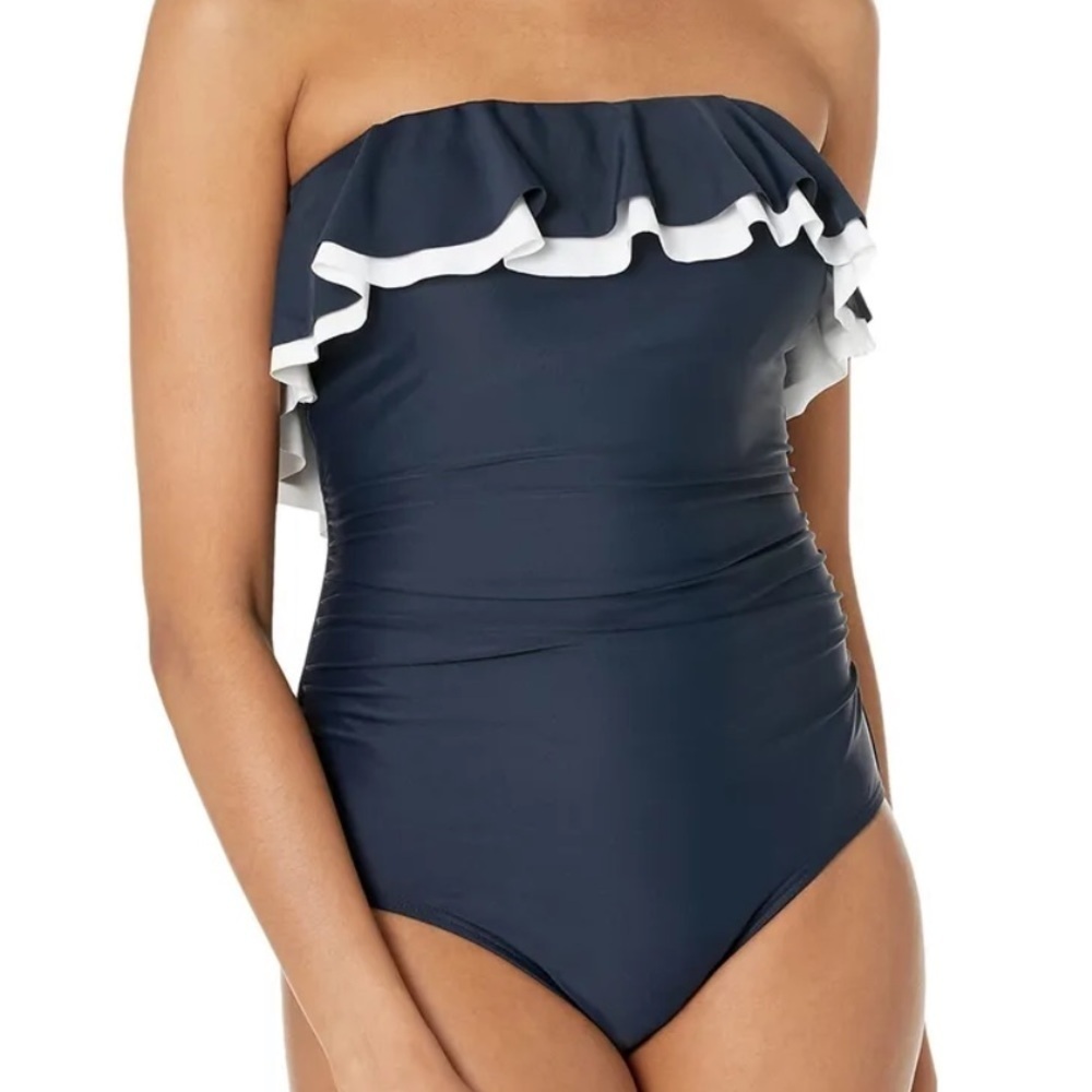 MSRP $98 Tommy Hilfiger Women's Strapless One Piece Swimsuit Navy Size 12
